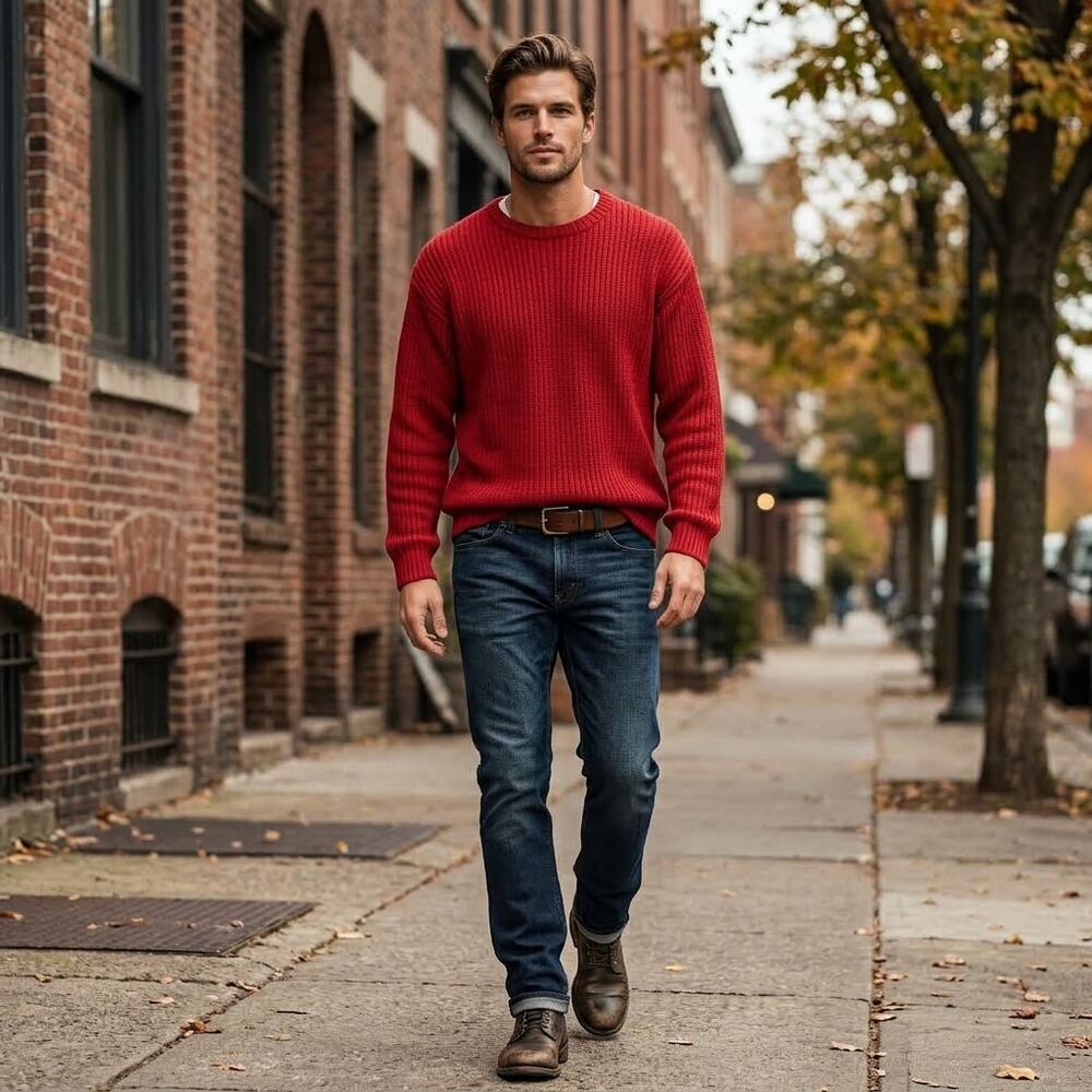 Vintage American Eagle Sweater Mens XL Red Ribbed Knit Cotton Cabin Granpa Retro
